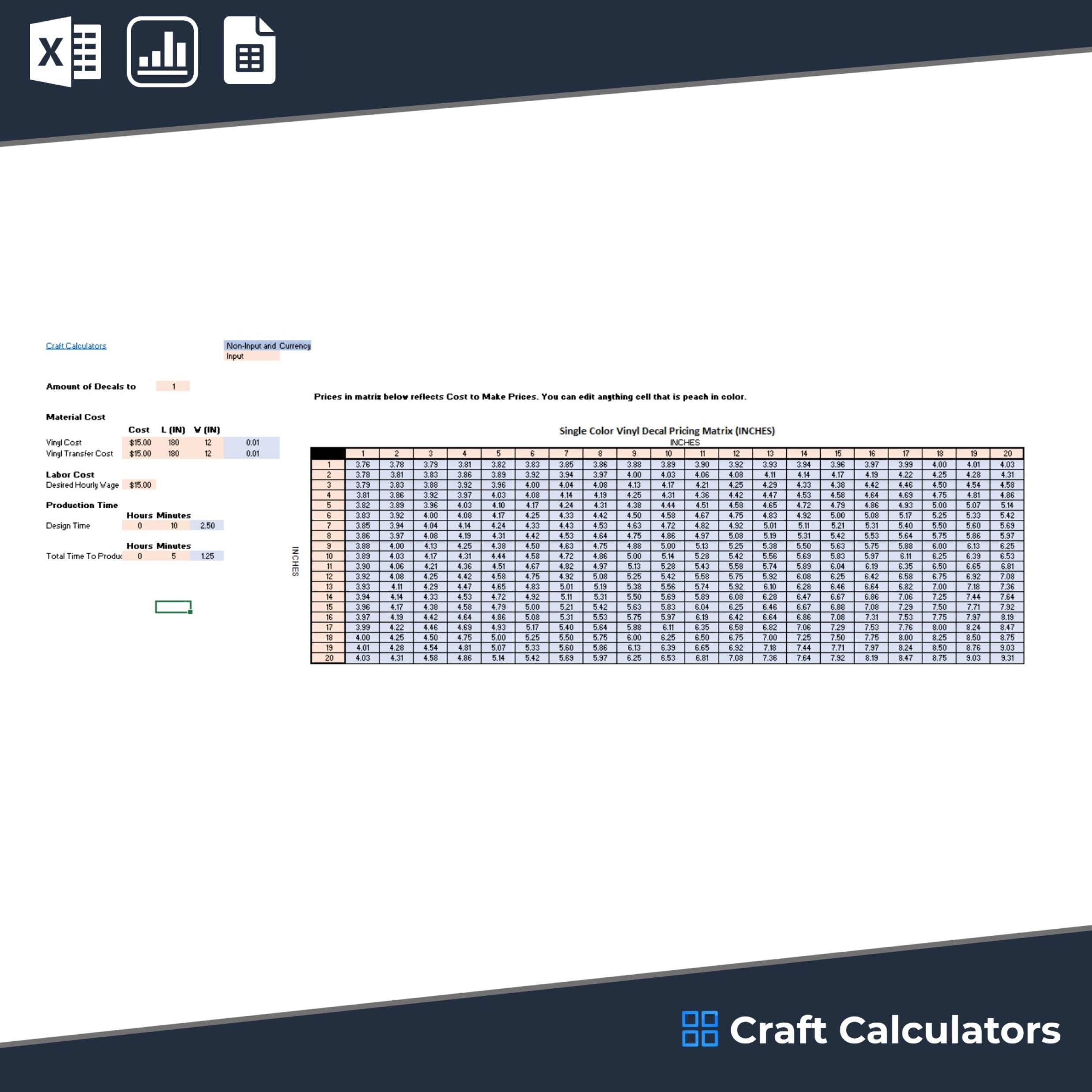 Vinyl Decal Pricing Matrix: Single-Color (Inches)