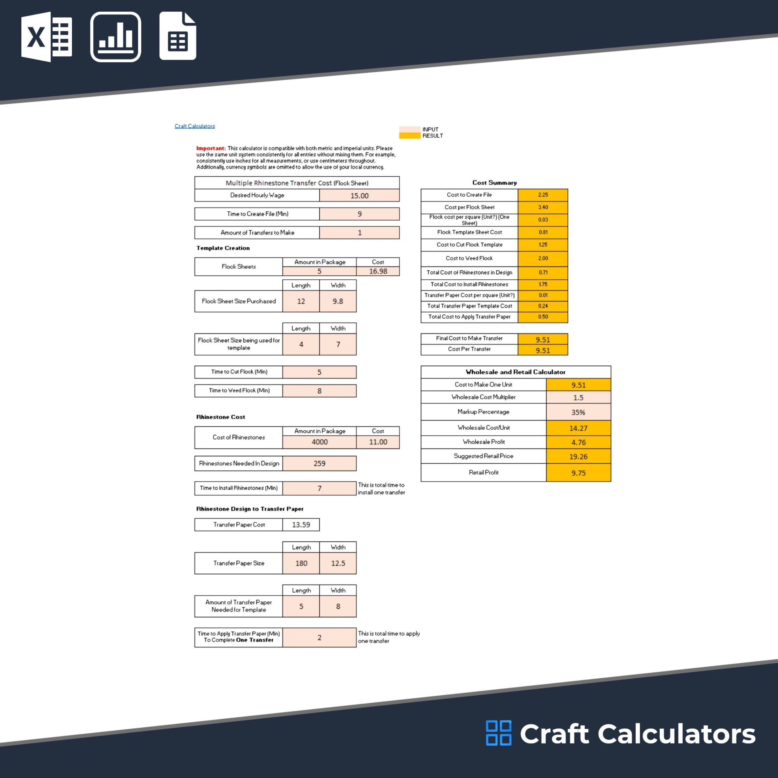 Multiple Rhinestone Transfer Cost Calculator (Flock Sheets)