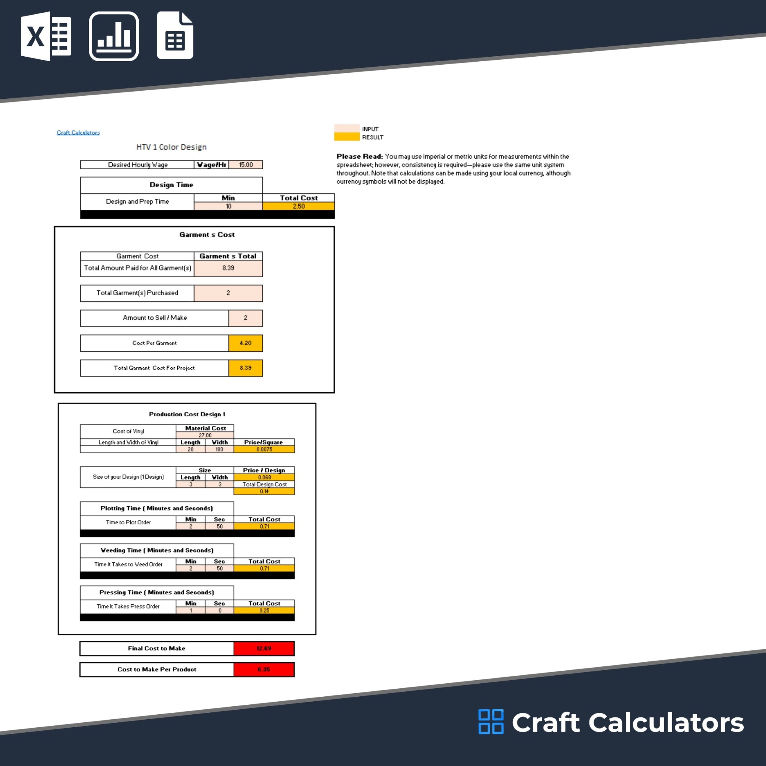 HTV 1 Color Design Product Cost Calculator (Universal Products)