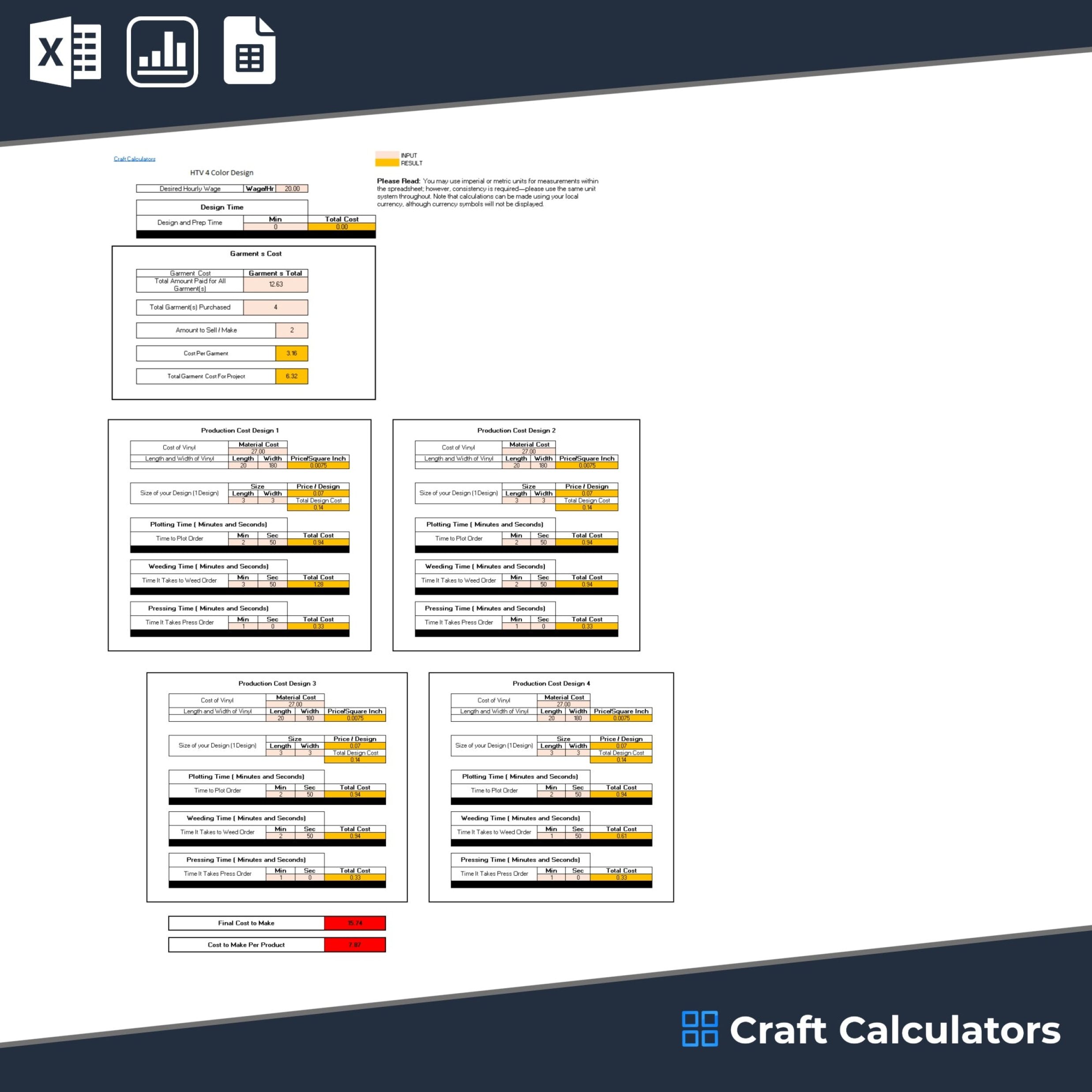 HTV 4 Color Design Product Cost Calculator (Universal Products)