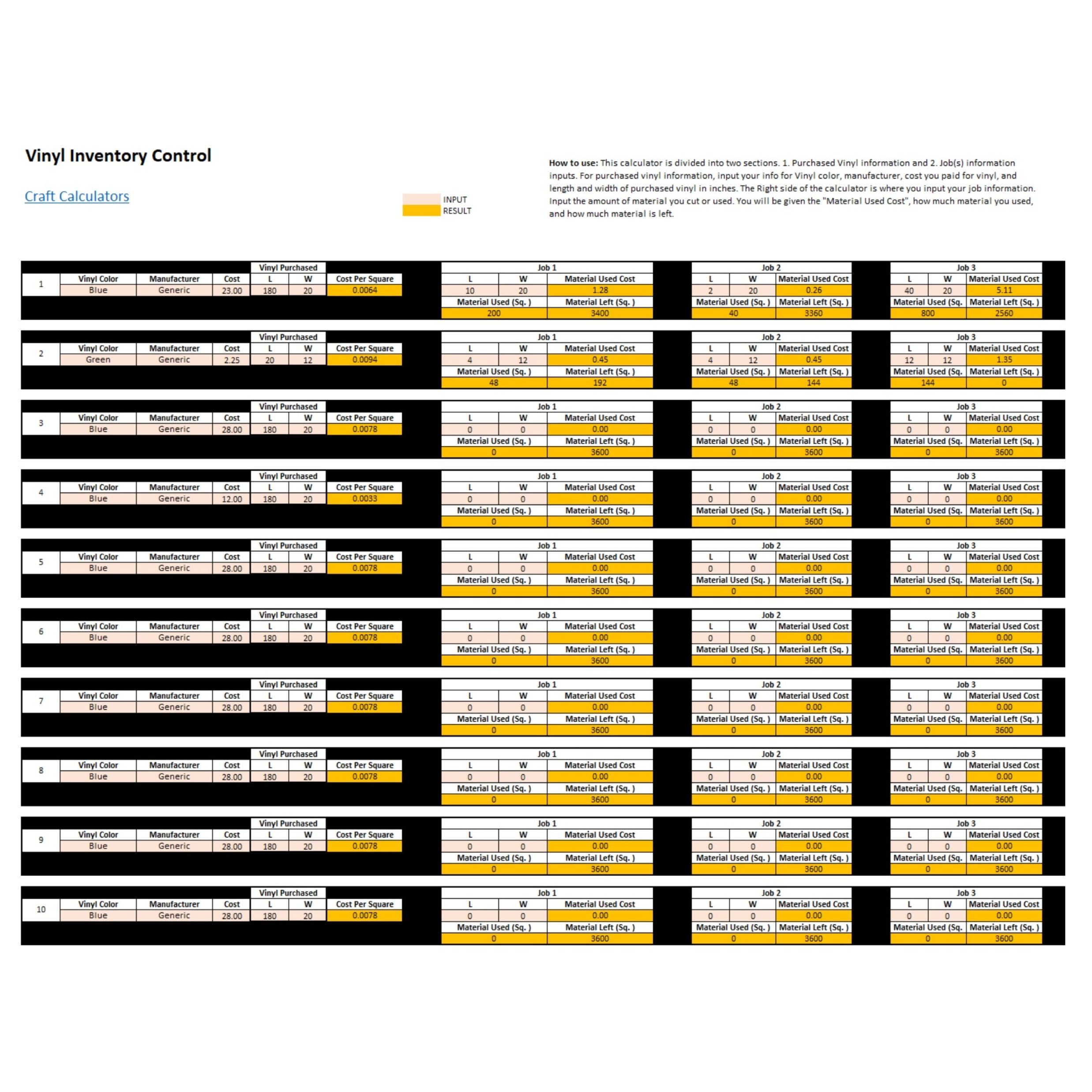 Vinyl Inventory Tracking Spreadsheet - Manage Up to 10 Colors & Jobs - Image 2