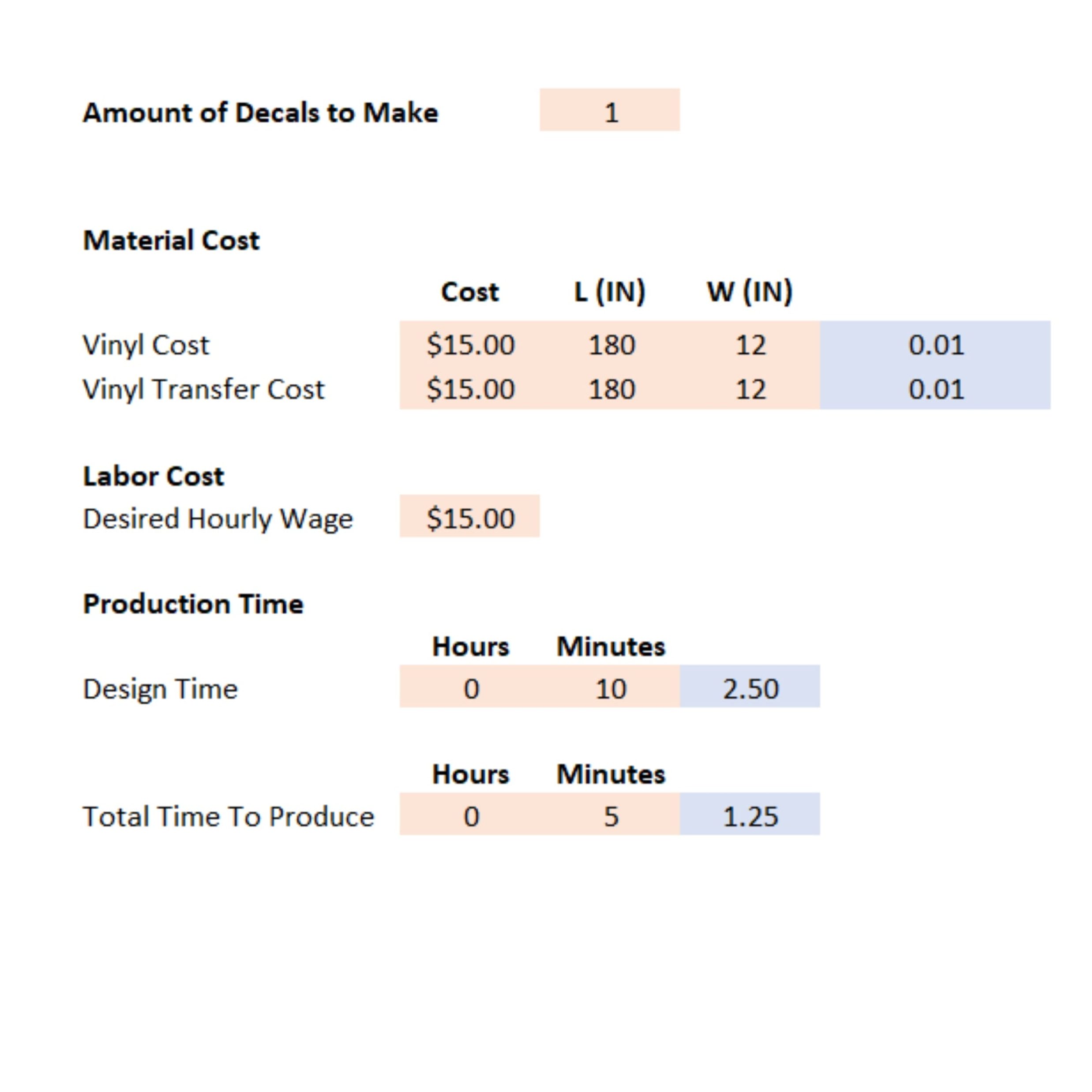 Vinyl Decal Pricing Matrix: Single-Color (Inches) - Image 2