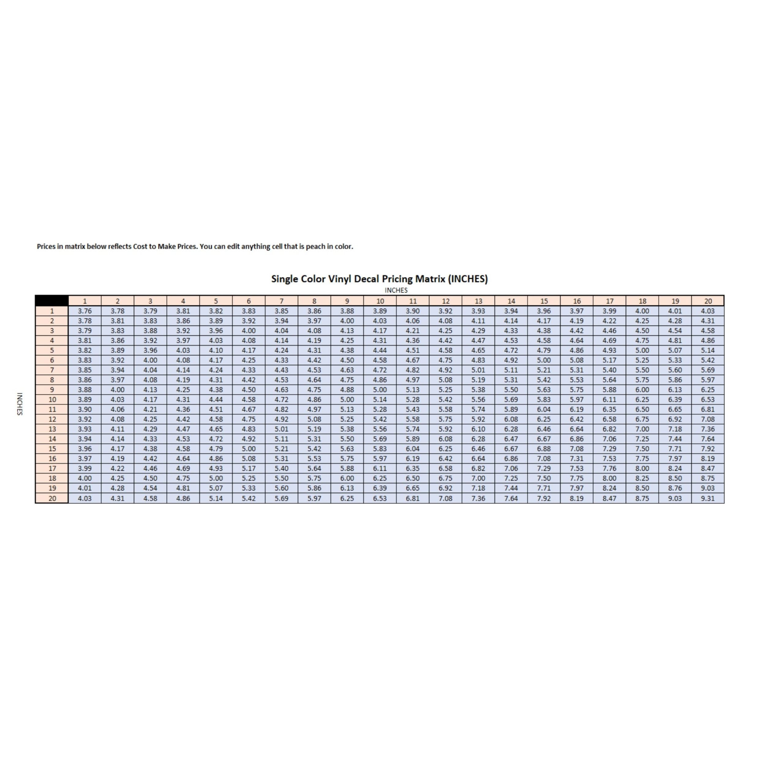 Vinyl Decal Pricing Matrix: Single-Color (Inches) - Image 3