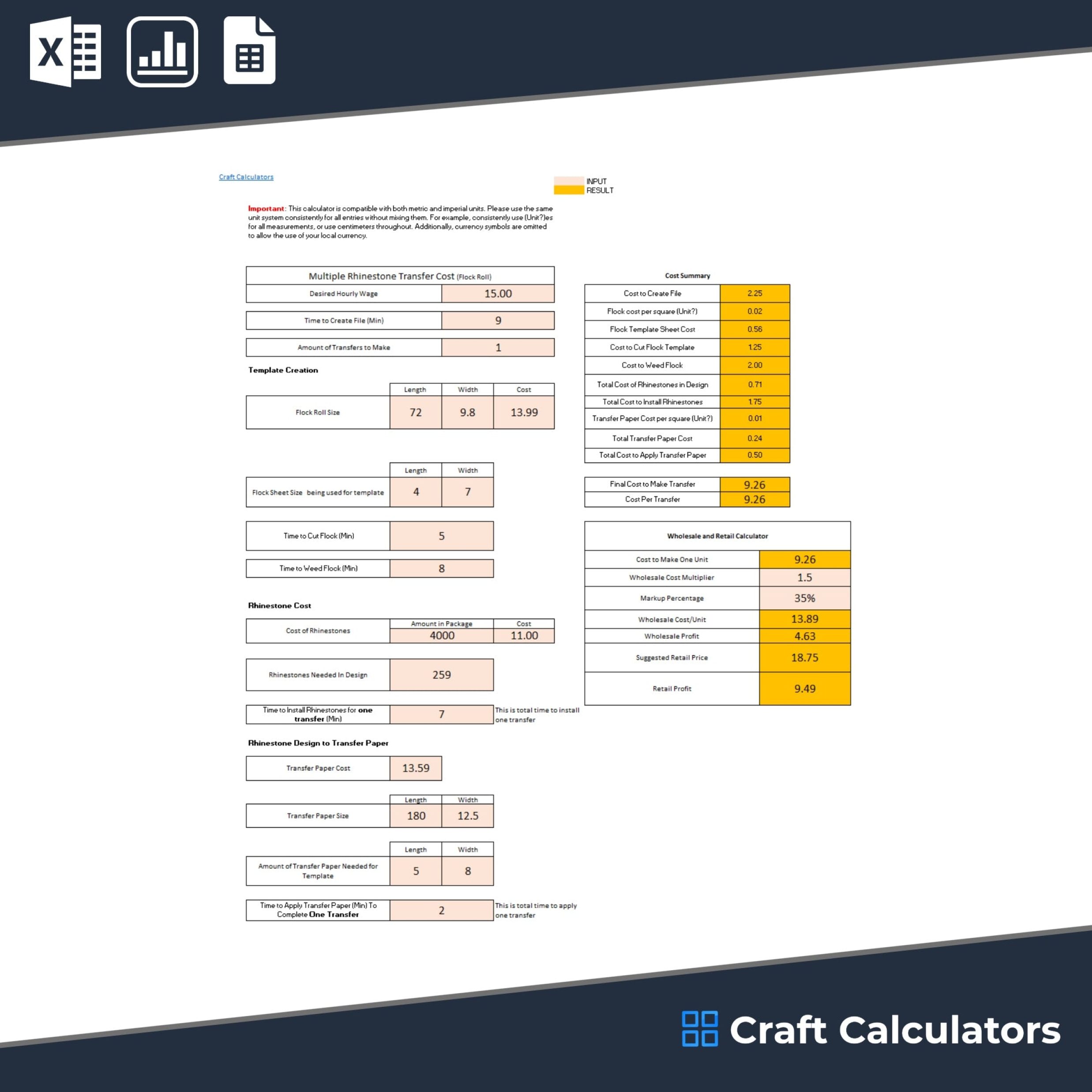 Multiple Rhinestone Transfer Cost Calculator (Flock Roll)