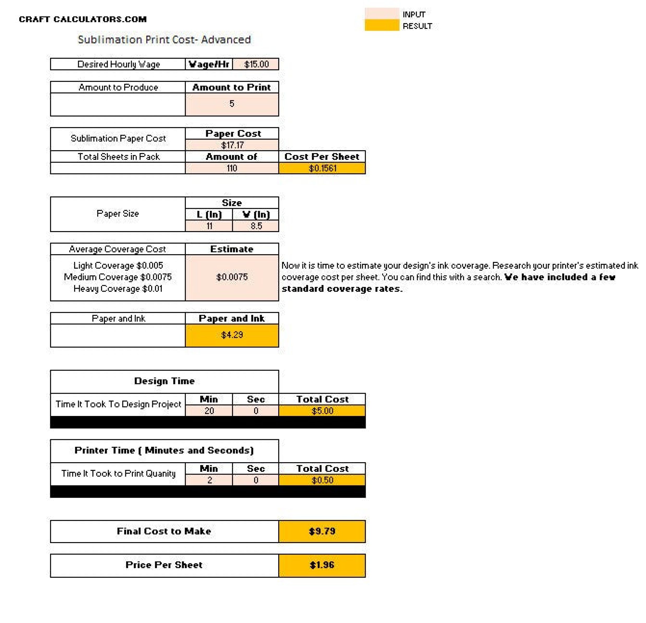 Sublimation Design Cost- Ink Cost- Calculator Spreadsheet- Sublimation Transfer Cost to Make - Image 2