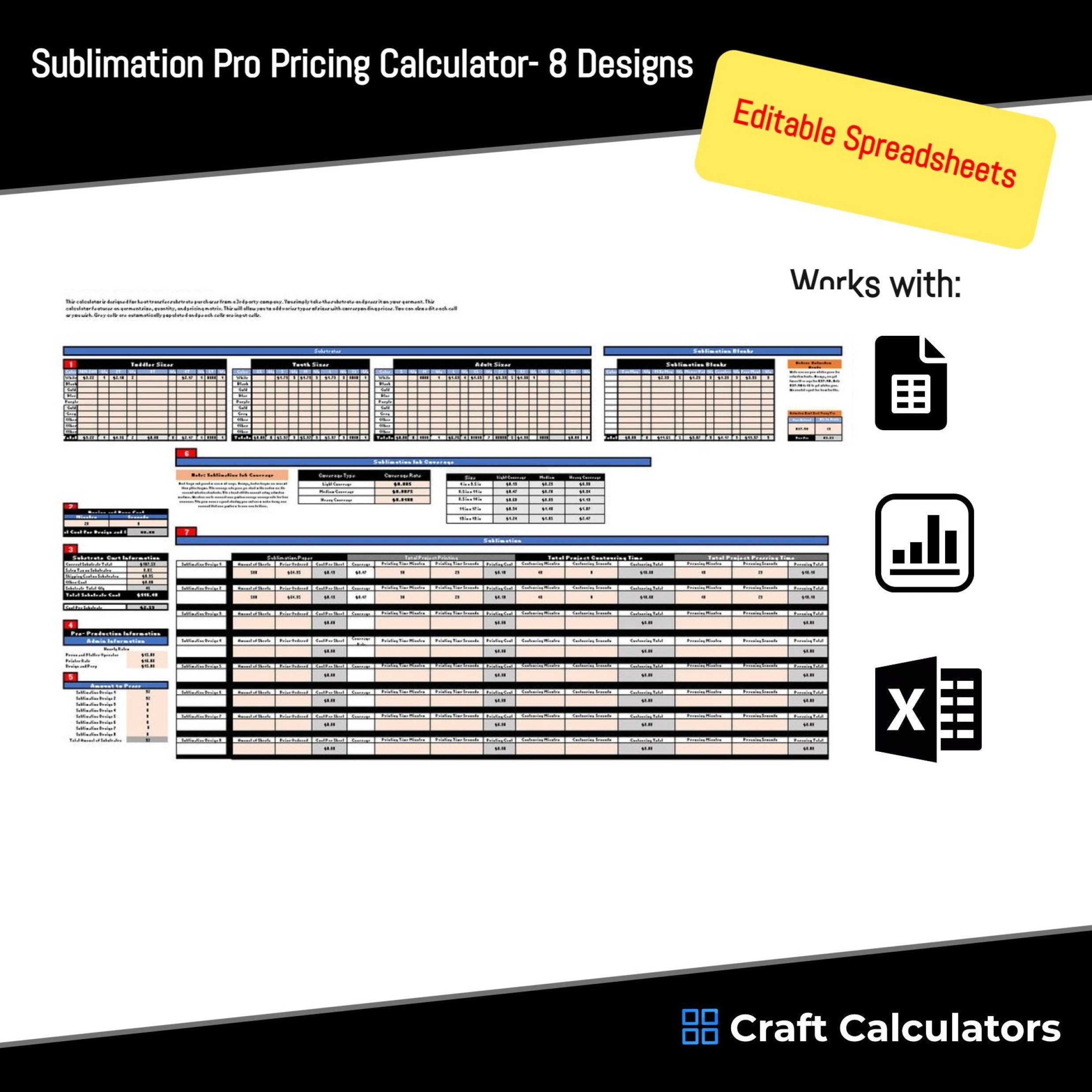 8 Designs Sublimation Pricing Calculator- Cost to Make - Retail and Wholesale Products Pricing Calculator Spreadsheet