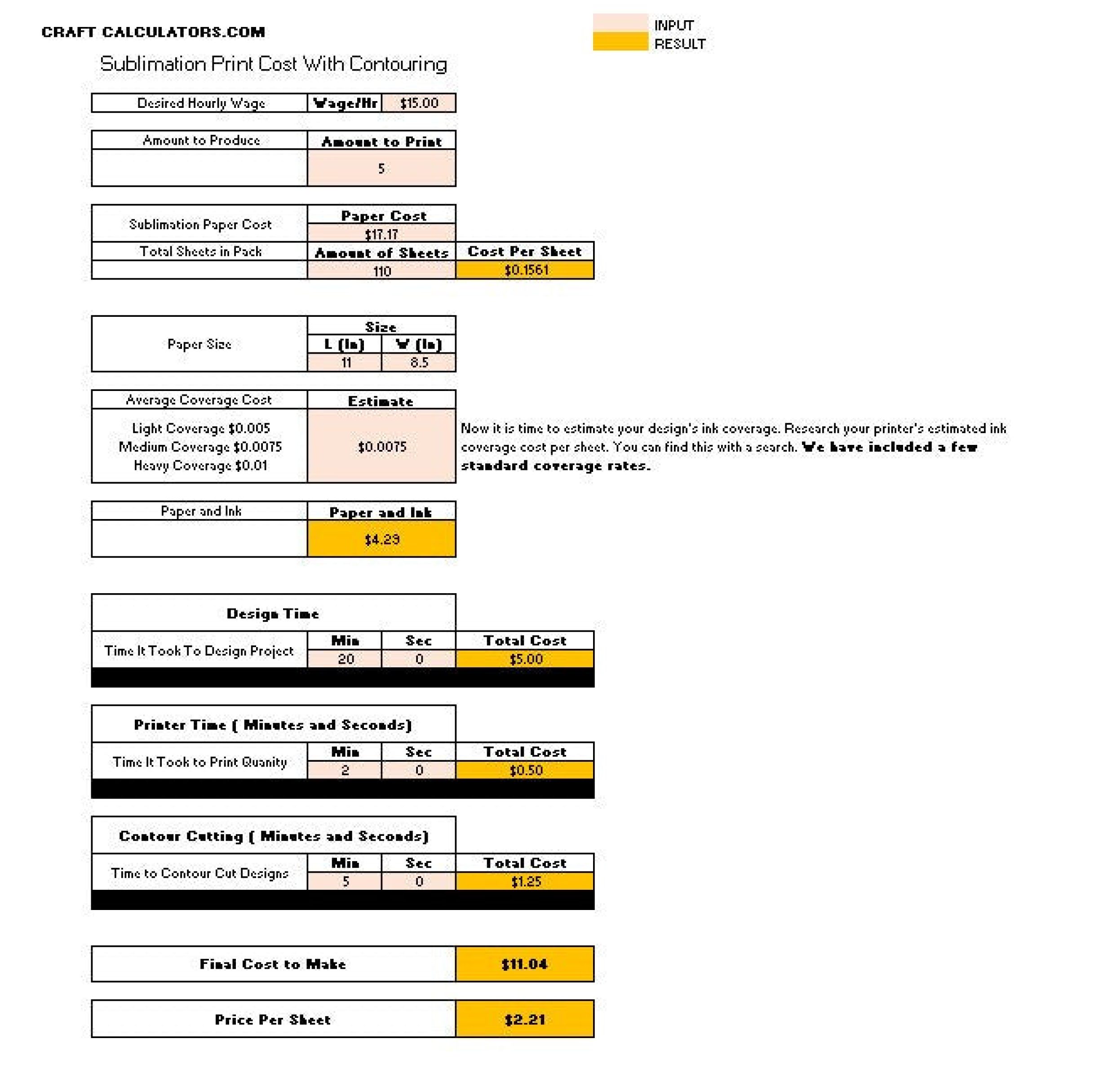 Sublimation Design Cost | Contour Cutting | Ink Cost Calculator Spreadsheet - Image 2