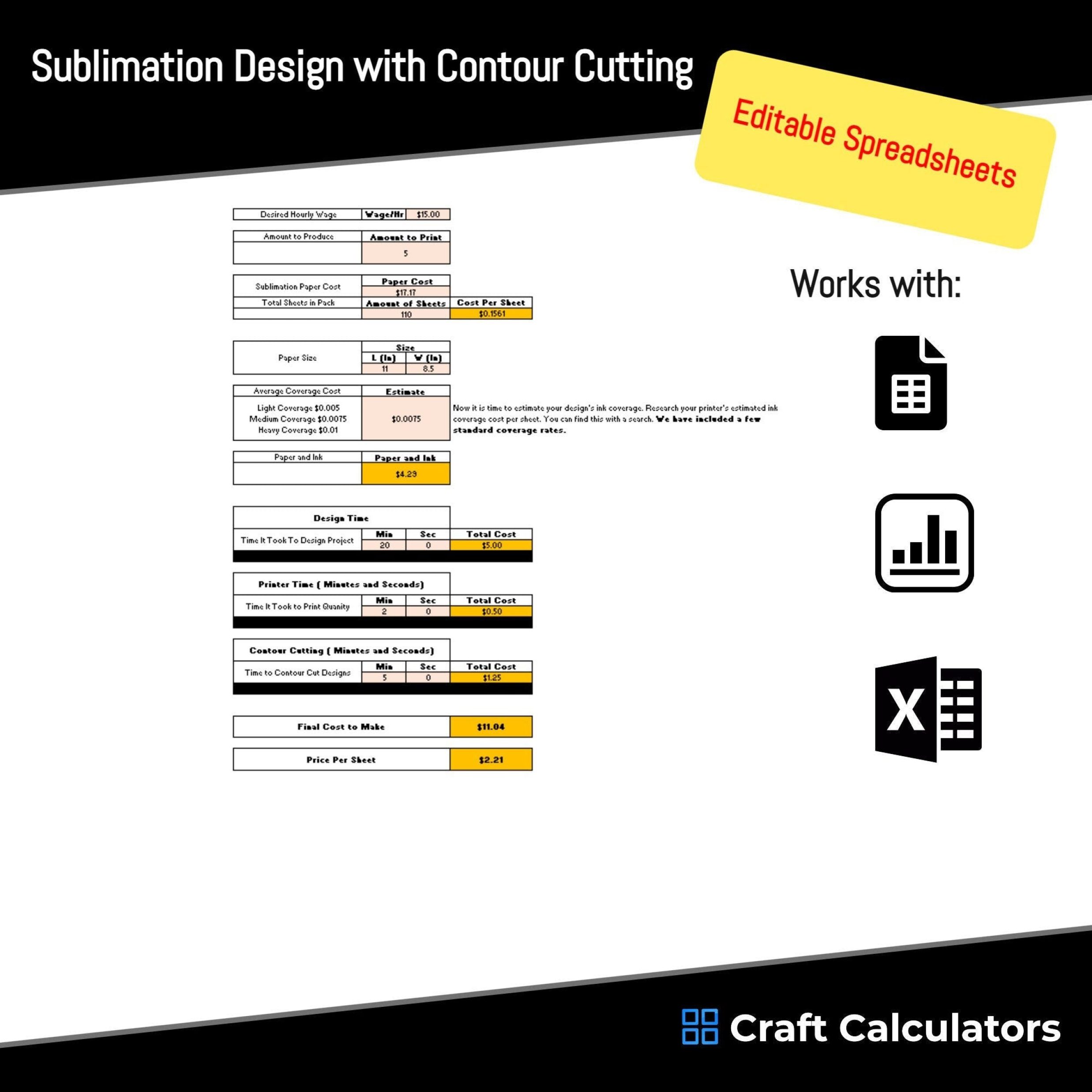 Sublimation Design Cost | Contour Cutting | Ink Cost Calculator Spreadsheet