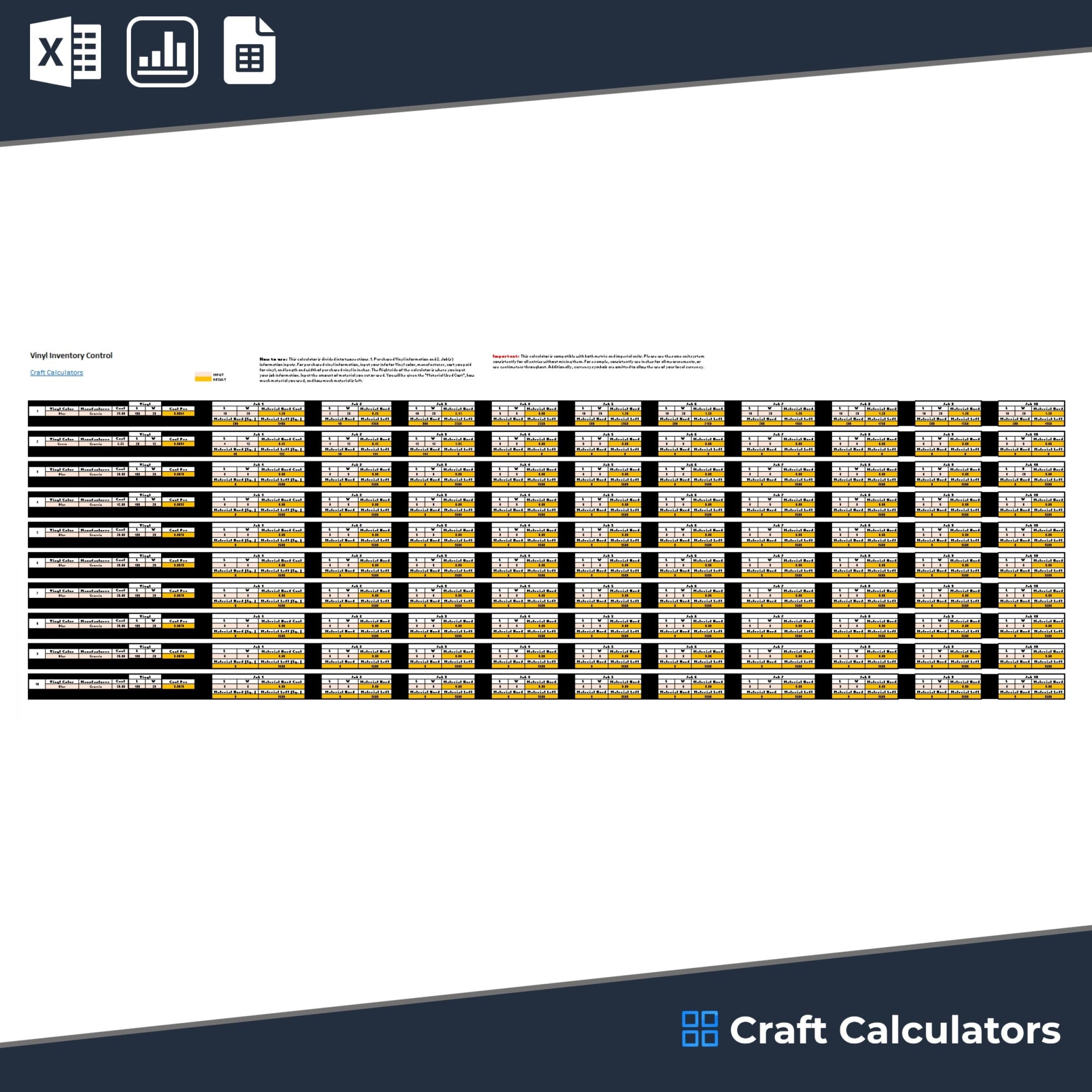 Vinyl Inventory Tracking Spreadsheet - Manage Up to 10 Colors & Jobs